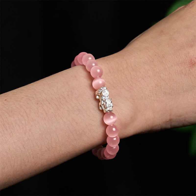 Bracelet Pixiu positif en argent sterling 990 avec perles œil de chat naturelles et Buddha Stones