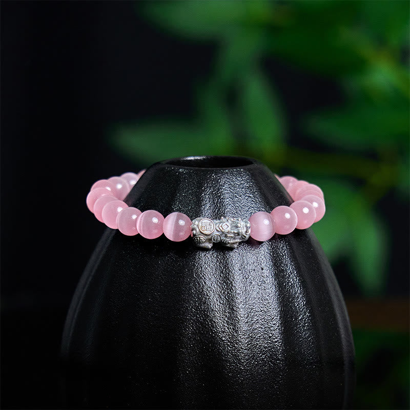 Bracelet Pixiu positif en argent sterling 990 avec perles œil de chat naturelles et Buddha Stones