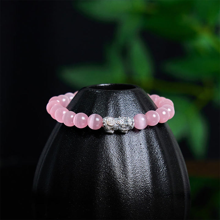 Bracelet Pixiu positif en argent sterling 990 avec perles œil de chat naturelles et Buddha Stones