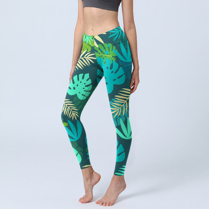 Leggings de sport imprimés Buddha Stones et feuilles de différentes formes pour femmes, pantalons de yoga - Vert foncé - US18，UK/AU22，EU50 (4XL) - image 0