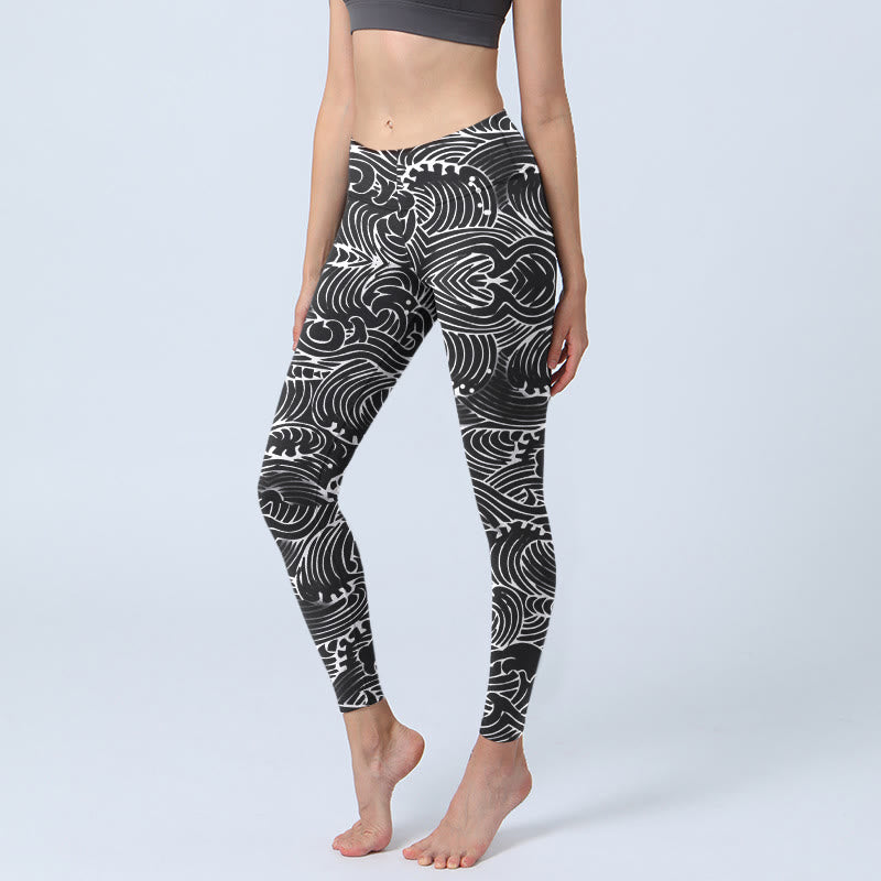 Leggings de sport à imprimé vagues et Buddha Stones pour femme, pantalon de yoga - Noir - US18，UK/AU22，EU50 (4XL) - image 0