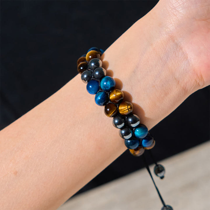 Bracelet de force à double rangée de Buddha Stones en œil de tigre bleu naturel et magnétite noire, motif Om