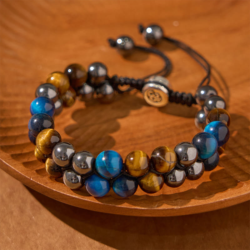 Bracelet de force à double rangée de Buddha Stones en œil de tigre bleu naturel et magnétite noire, motif Om