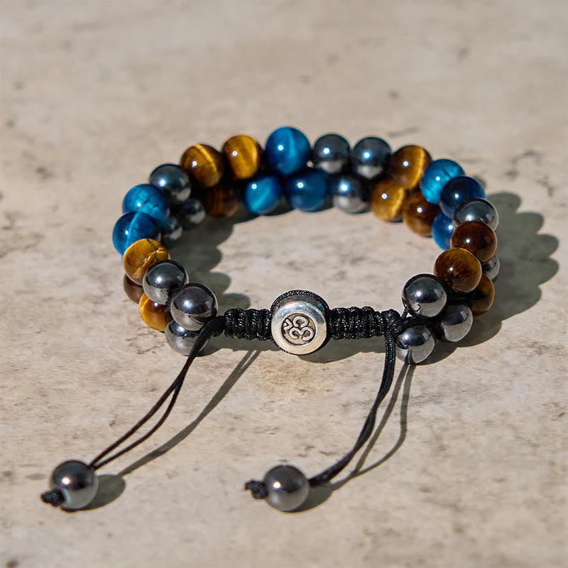Bracelet de force à double rangée de Buddha Stones en œil de tigre bleu naturel et magnétite noire, motif Om