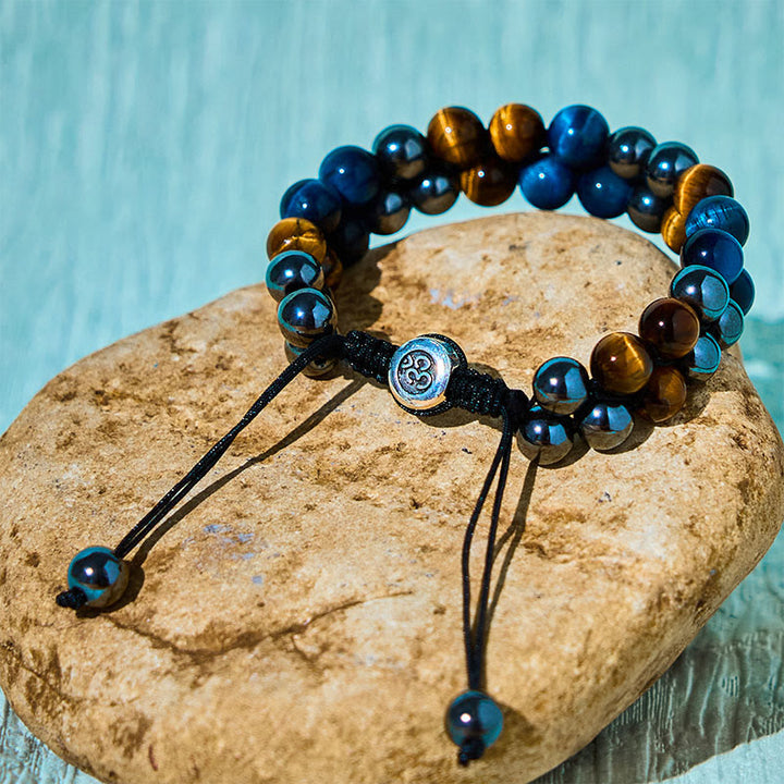 Bracelet de force à double rangée de Buddha Stones en œil de tigre bleu naturel et magnétite noire, motif Om