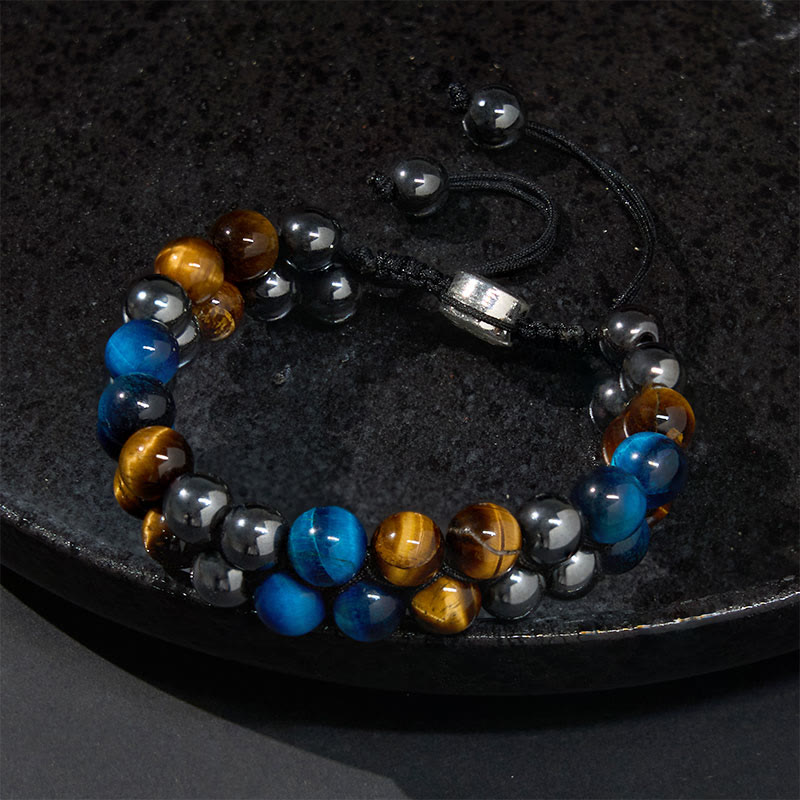 Bracelet de force à double rangée de Buddha Stones en œil de tigre bleu naturel et magnétite noire, motif Om