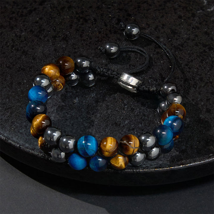 Bracelet de force à double rangée de Buddha Stones en œil de tigre bleu naturel et magnétite noire, motif Om