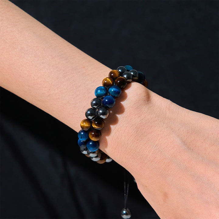 Bracelet de force à double rangée de Buddha Stones en œil de tigre bleu naturel et magnétite noire, motif Om