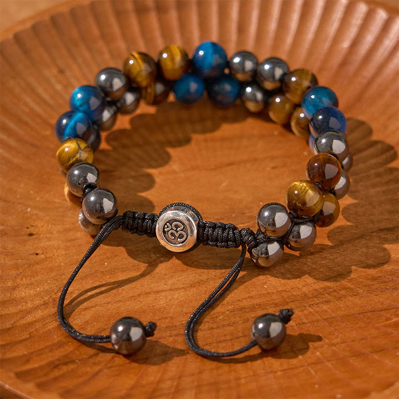 Bracelet de force à double rangée de Buddha Stones en œil de tigre bleu naturel et magnétite noire, motif Om