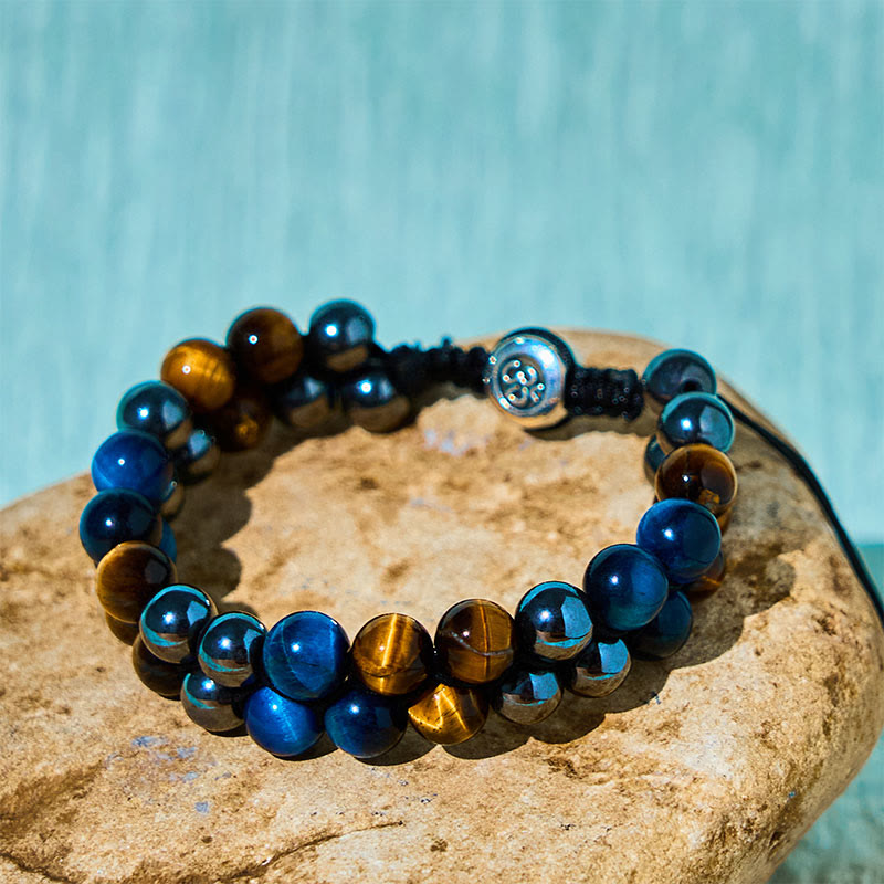 Bracelet de force à double rangée de Buddha Stones en œil de tigre bleu naturel et magnétite noire, motif Om