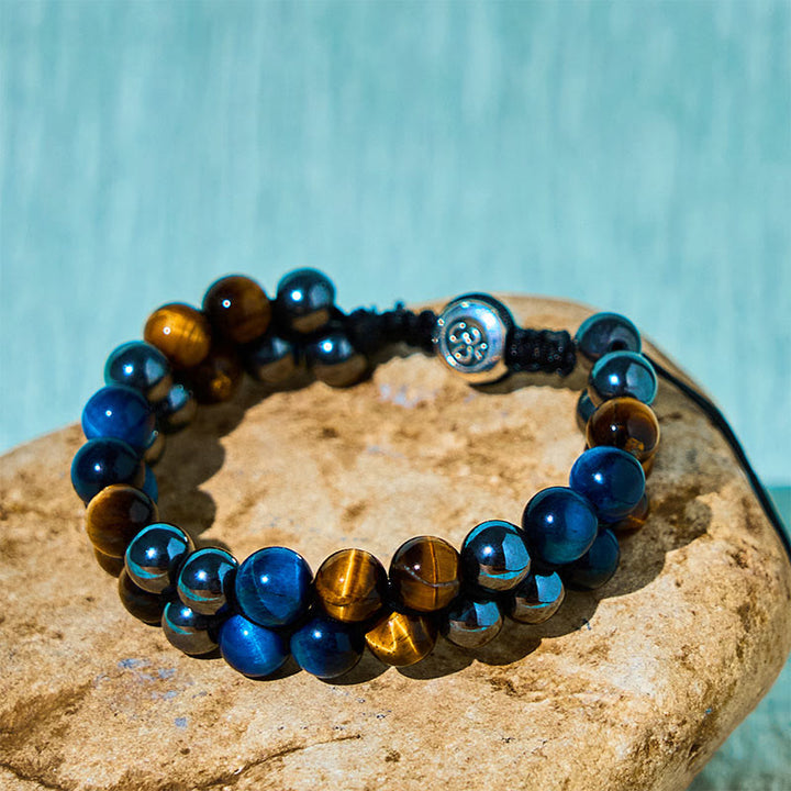 Bracelet de force à double rangée de Buddha Stones en œil de tigre bleu naturel et magnétite noire, motif Om