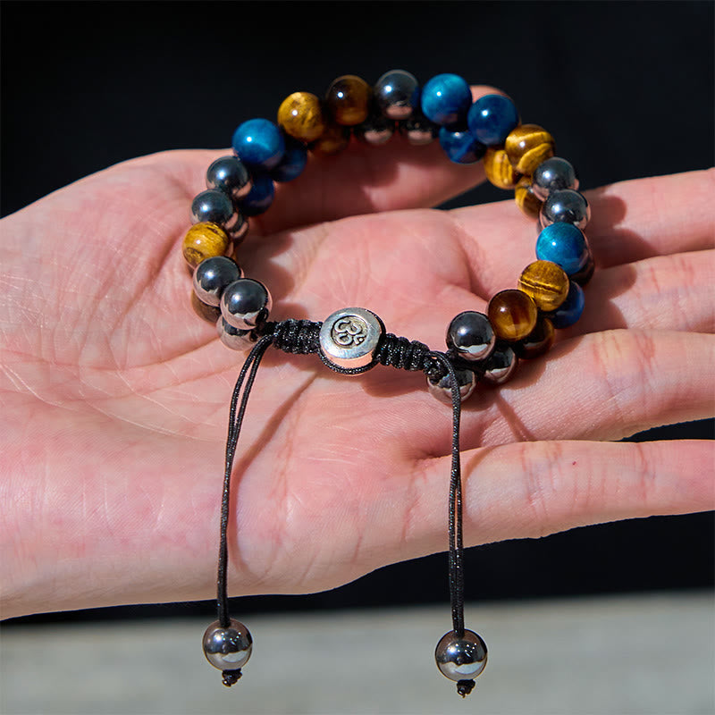 Bracelet de force à double rangée de Buddha Stones en œil de tigre bleu naturel et magnétite noire, motif Om