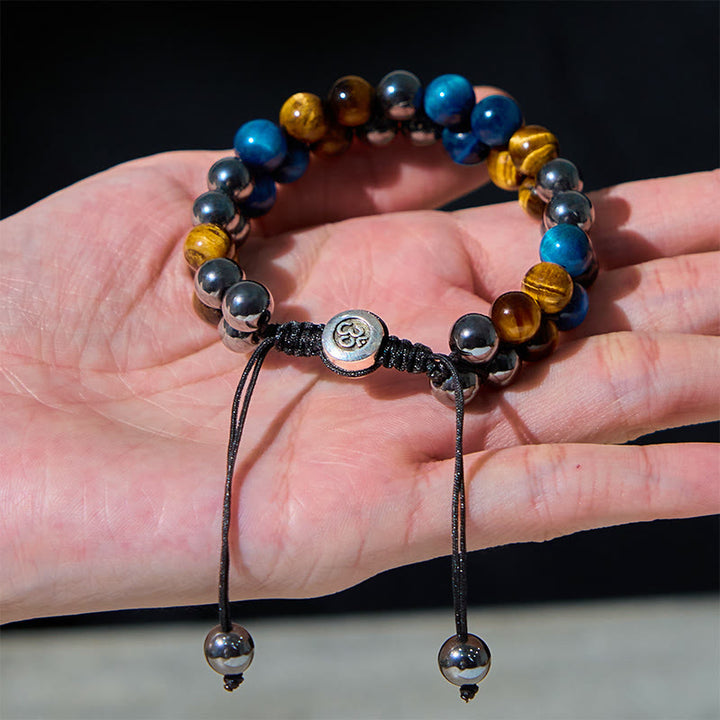 Bracelet de force à double rangée de Buddha Stones en œil de tigre bleu naturel et magnétite noire, motif Om