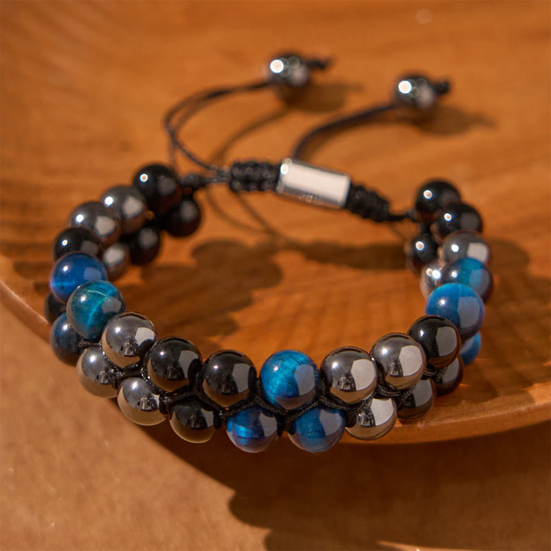 Bracelet de protection à double rangée de Buddha Stones en obsidienne noire et magnétite noire, œil de tigre bleu naturel
