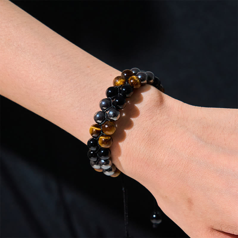 Bracelet de protection à double rangée de perles en onyx noir et magnétite noire, œil de tigre naturel et Buddha Stones