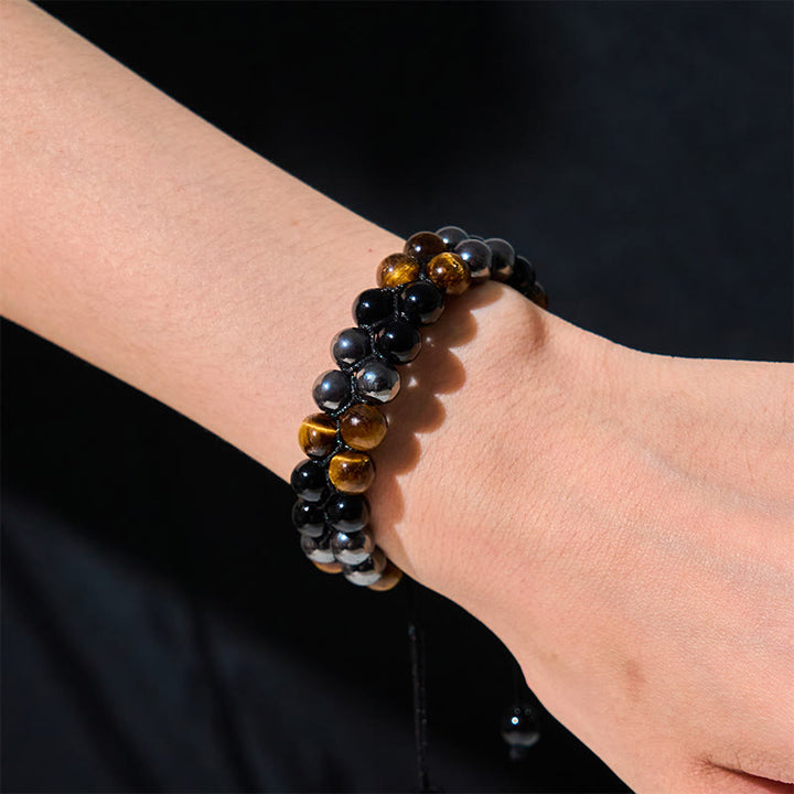 Bracelet de protection à double rangée de perles en onyx noir et magnétite noire, œil de tigre naturel et Buddha Stones