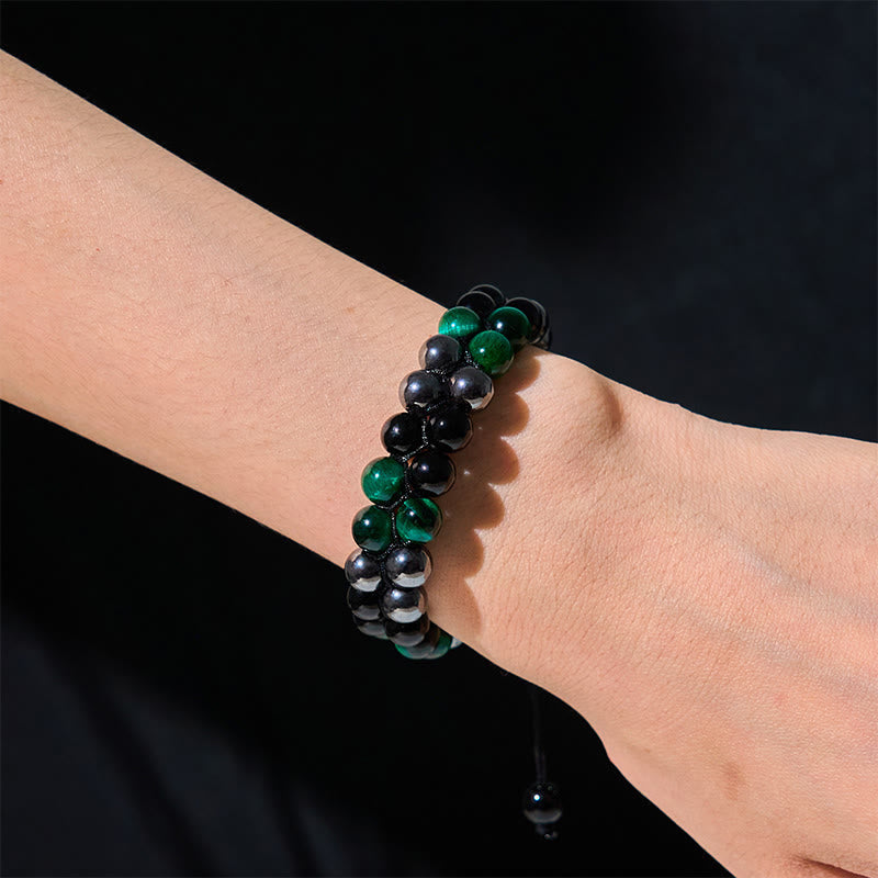 Bracelet de perles positives à double rangée en obsidienne noire et magnétite noire, Buddha Stones de tigre vert naturel
