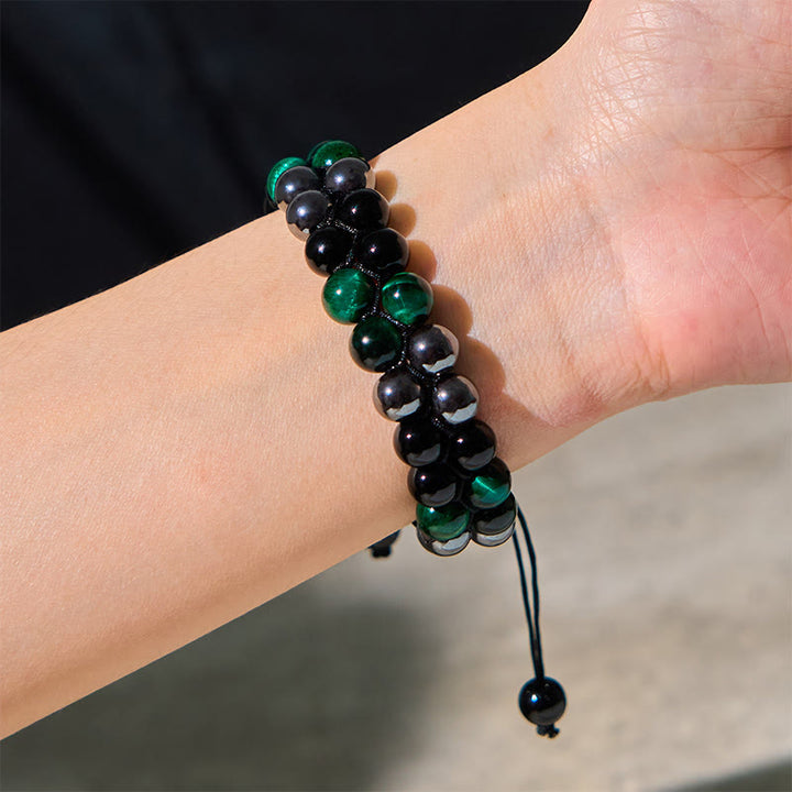 Bracelet de perles positives à double rangée en obsidienne noire et magnétite noire, Buddha Stones de tigre vert naturel