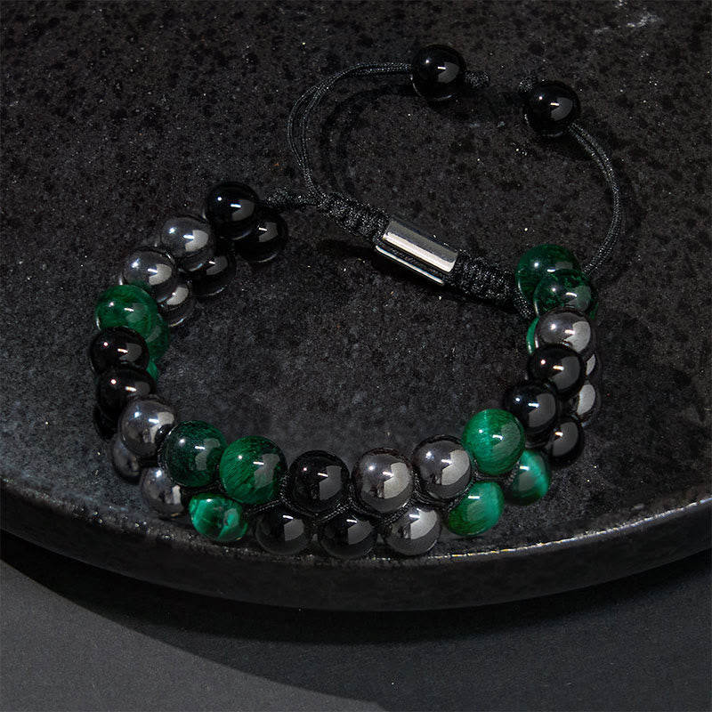 Bracelet de perles positives à double rangée en obsidienne noire et magnétite noire, Buddha Stones de tigre vert naturel