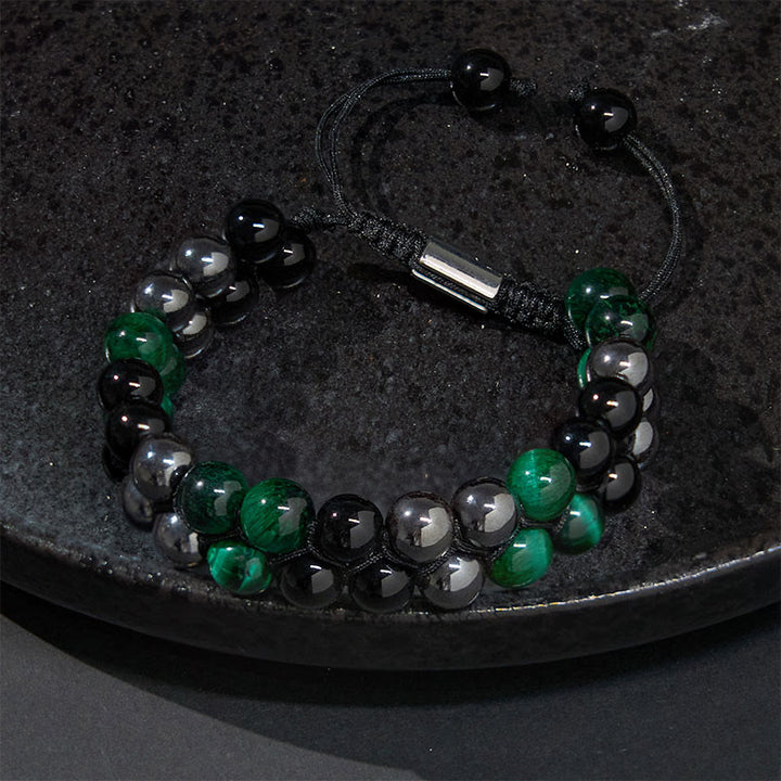 Bracelet de perles positives à double rangée en obsidienne noire et magnétite noire, Buddha Stones de tigre vert naturel