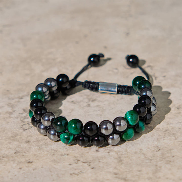 Bracelet de perles positives à double rangée en obsidienne noire et magnétite noire, Buddha Stones de tigre vert naturel