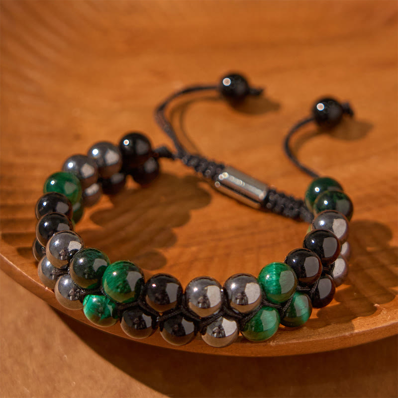 Bracelet de perles positives à double rangée en obsidienne noire et magnétite noire, Buddha Stones de tigre vert naturel