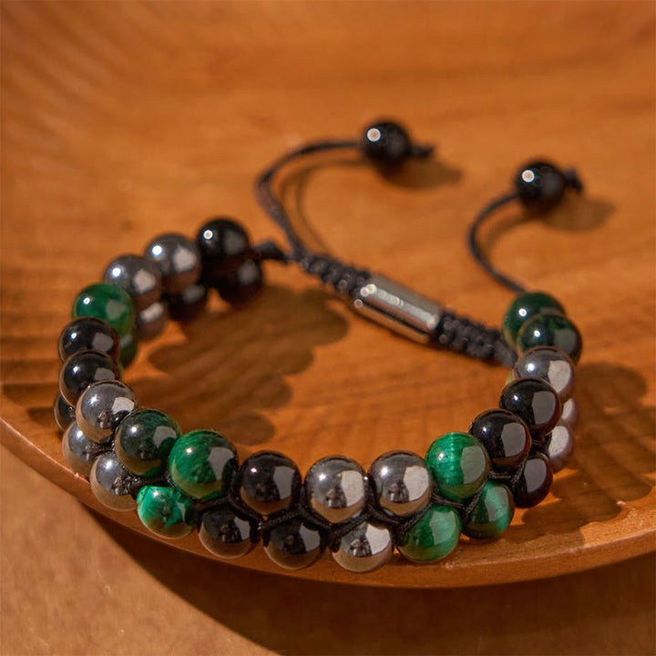 Bracelet de perles positives à double rangée en obsidienne noire et magnétite noire, Buddha Stones de tigre vert naturel