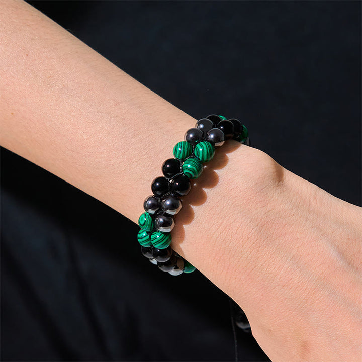 Bracelet anti-anxiété à double rangée de Buddha Stones en malachite naturelle et magnétite noire et obsidienne noire
