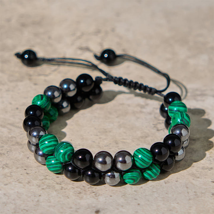 Bracelet anti-anxiété à double rangée de Buddha Stones en malachite naturelle et magnétite noire et obsidienne noire