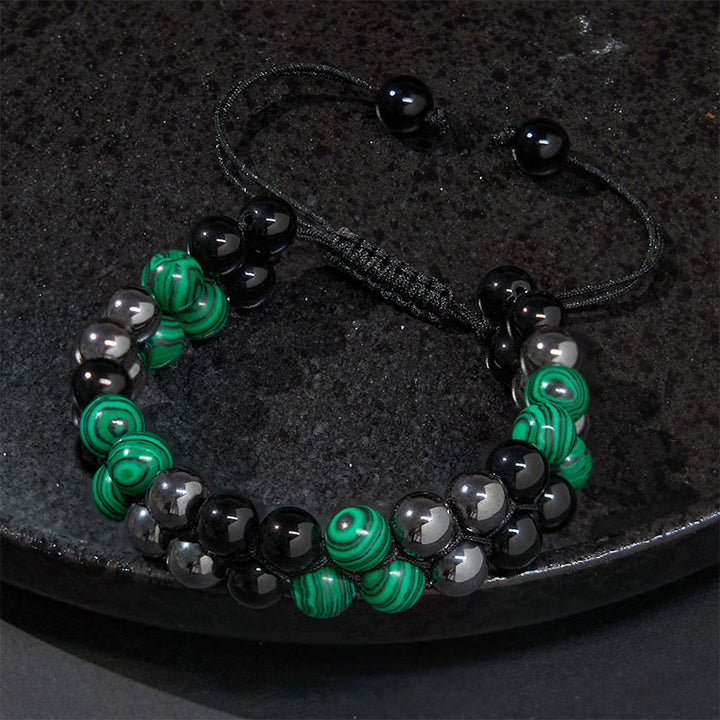 Bracelet anti-anxiété à double rangée de Buddha Stones en malachite naturelle et magnétite noire et obsidienne noire