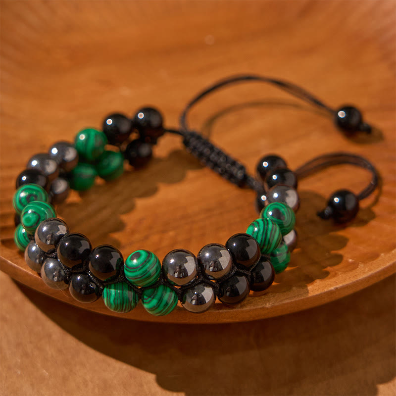 Bracelet anti-anxiété à double rangée de Buddha Stones en malachite naturelle et magnétite noire et obsidienne noire