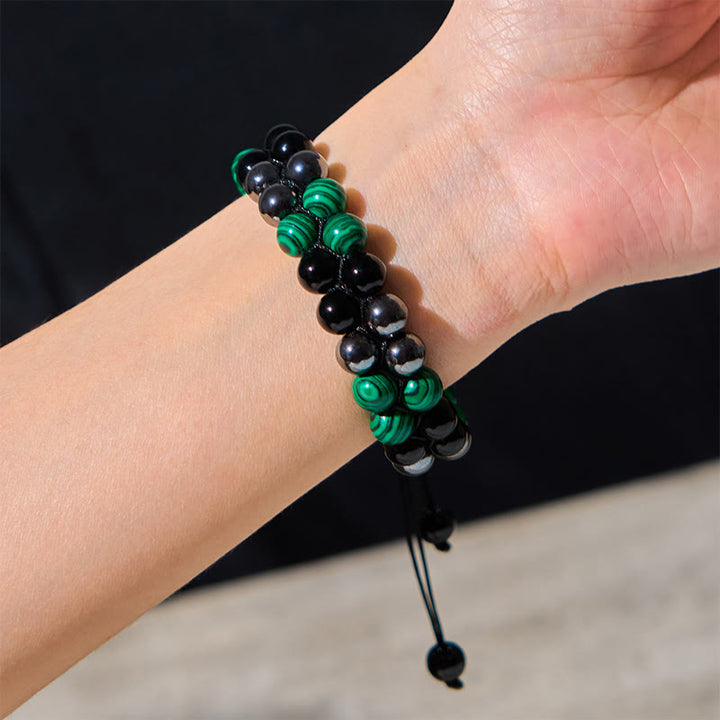 Bracelet anti-anxiété à double rangée de Buddha Stones en malachite naturelle et magnétite noire et obsidienne noire
