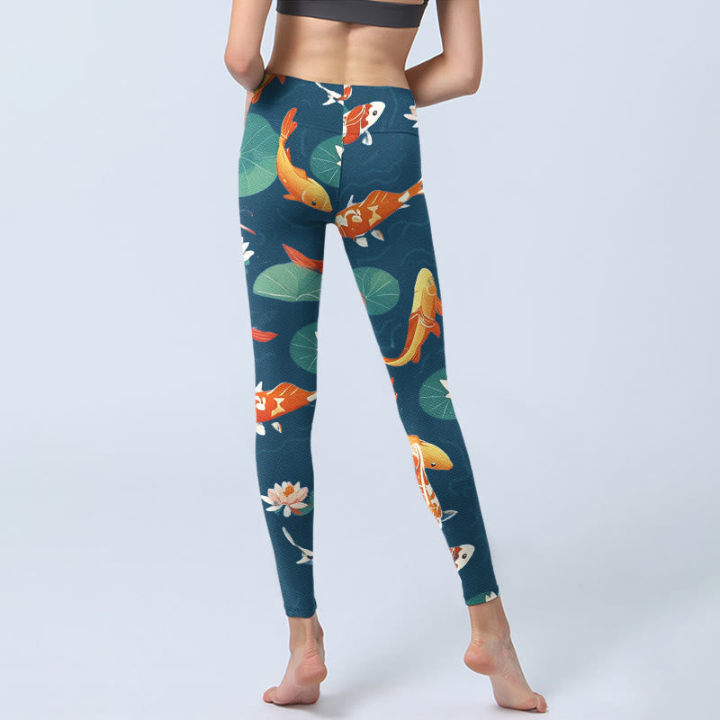 Leggings de sport imprimés Buddha Stones Koi Fish Lotus Flower Lotus Leaves pour femmes - image 6
