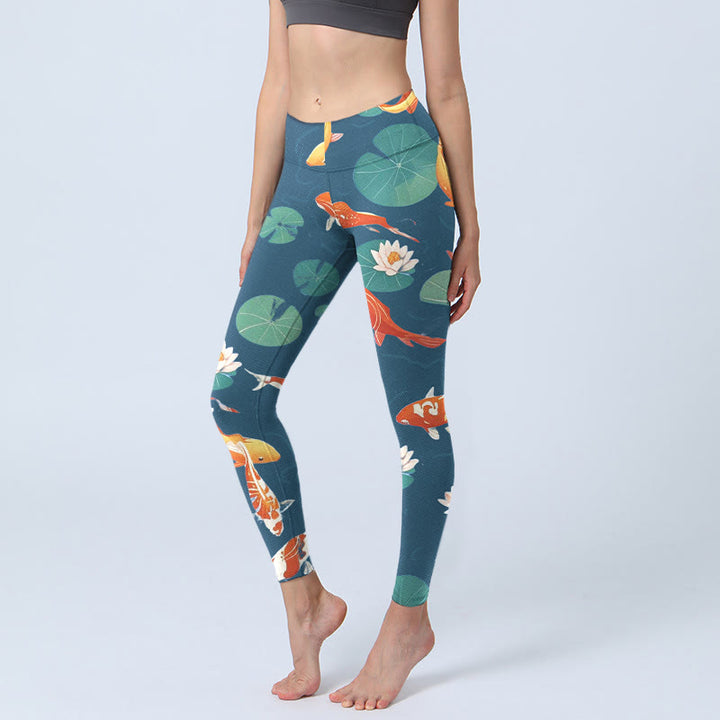Leggings de sport imprimés Buddha Stones Koi Fish Lotus Flower Lotus Leaves pour femmes - Sarcelle - US18，UK/AU22，EU50 (4XL) - image 0
