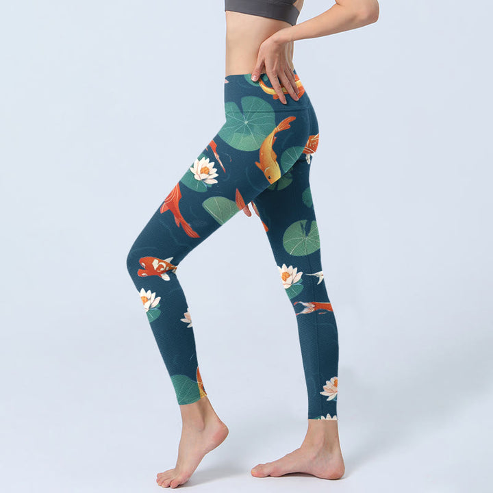 Leggings de sport imprimés Buddha Stones Koi Fish Lotus Flower Lotus Leaves pour femmes - image 3