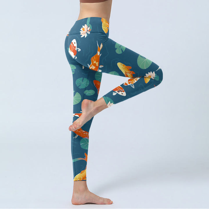 Leggings de sport imprimés Buddha Stones Koi Fish Lotus Flower Lotus Leaves pour femmes - image 4