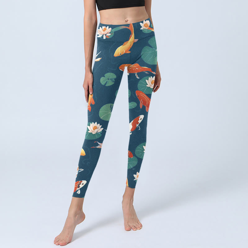 Leggings de sport imprimés Buddha Stones Koi Fish Lotus Flower Lotus Leaves pour femmes - image 5