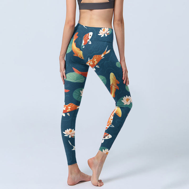 Leggings de sport imprimés Buddha Stones Koi Fish Lotus Flower Lotus Leaves pour femmes - image 3