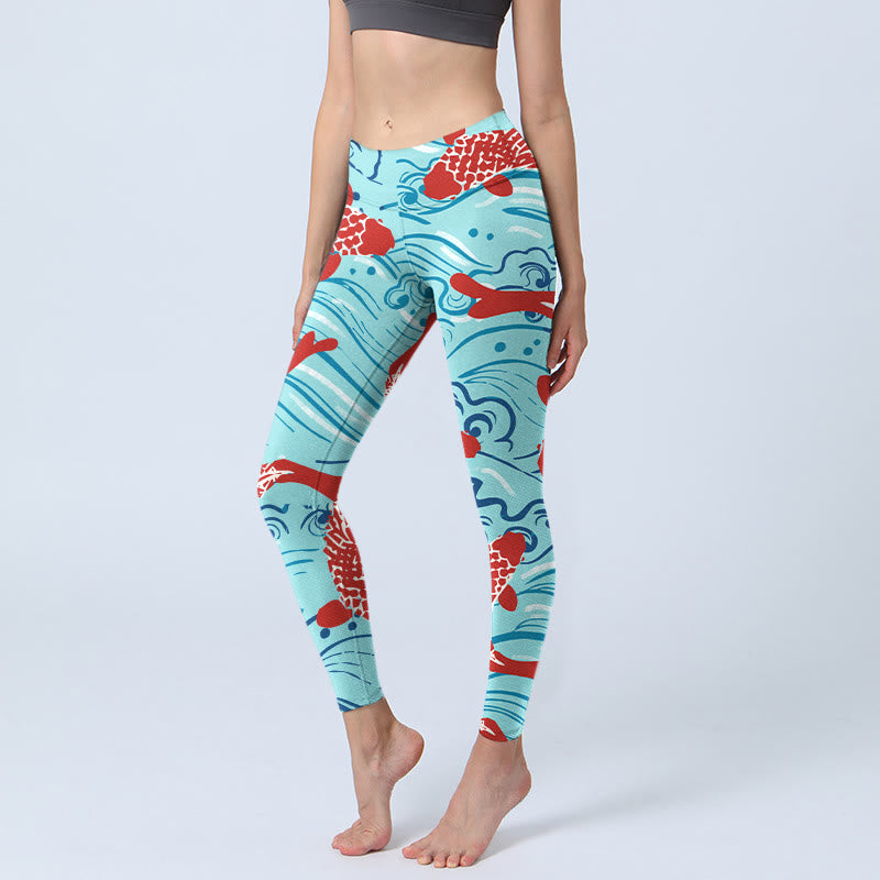 Leggings de sport à imprimé vagues de poissons Koi Buddha Stones pour femmes, pantalons de yoga - Cyan - US18，UK/AU22，EU50 (4XL) - image 1