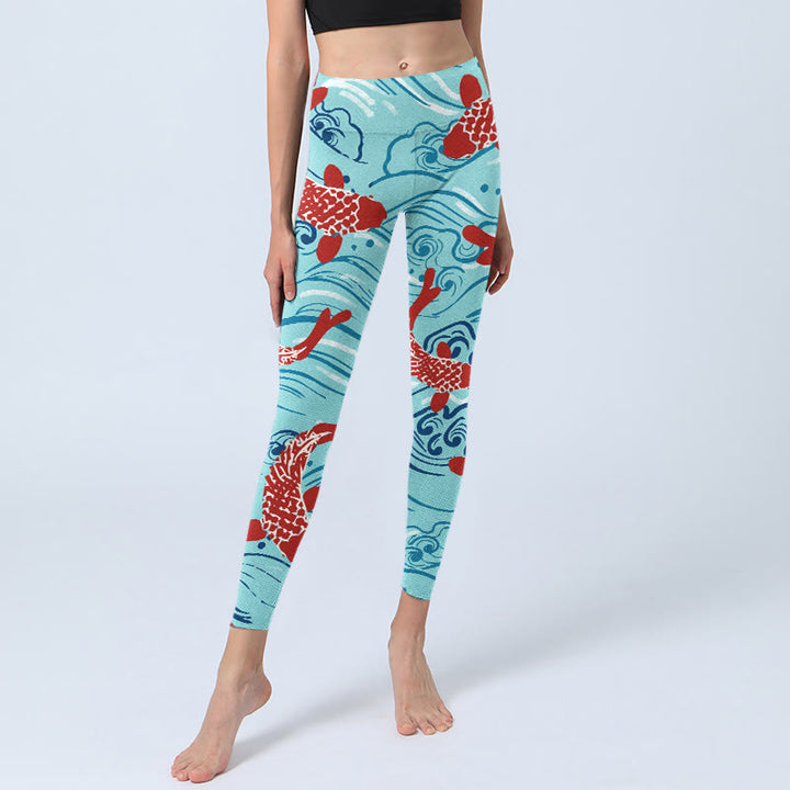 Leggings de sport à imprimé vagues de poissons Koi Buddha Stones pour femmes, pantalons de yoga - image 6