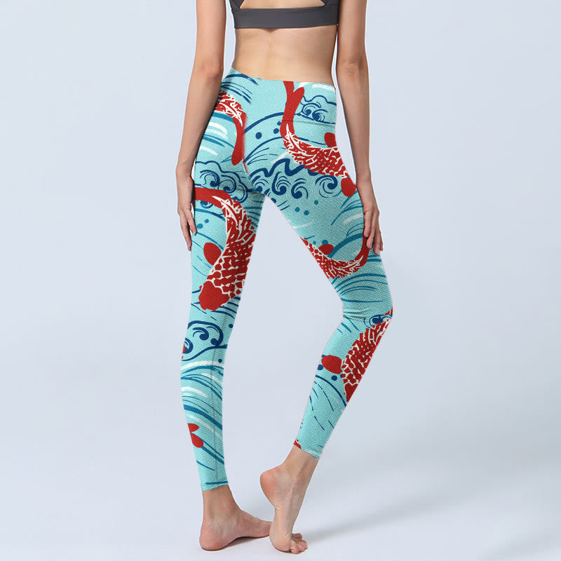 Leggings de sport à imprimé vagues de poissons Koi Buddha Stones pour femmes, pantalons de yoga - image 4