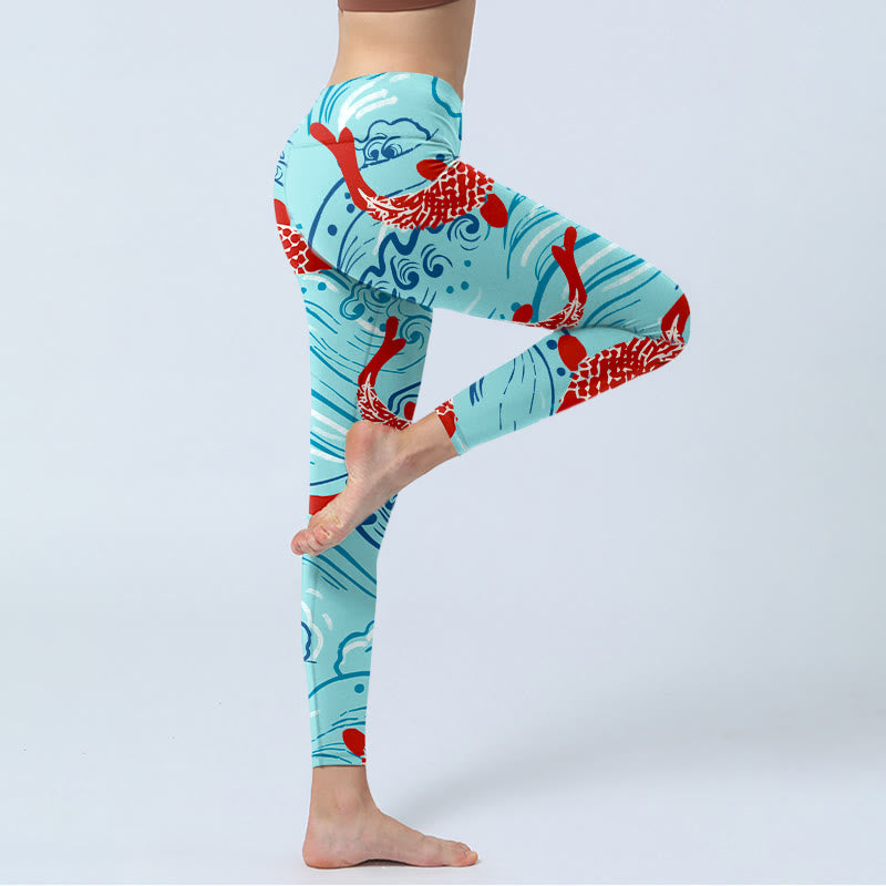 Leggings de sport à imprimé vagues de poissons Koi Buddha Stones pour femmes, pantalons de yoga - image 4