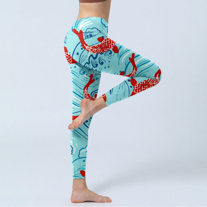 Leggings de sport à imprimé vagues de poissons Koi Buddha Stones pour femmes, pantalons de yoga - image 4