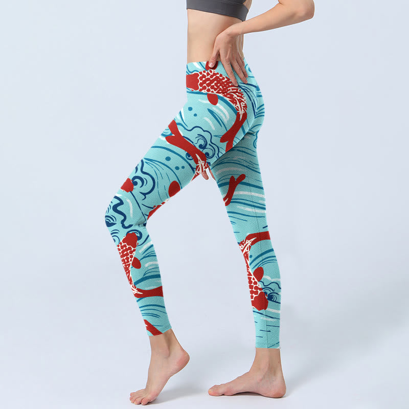 Leggings de sport à imprimé vagues de poissons Koi Buddha Stones pour femmes, pantalons de yoga - image 3