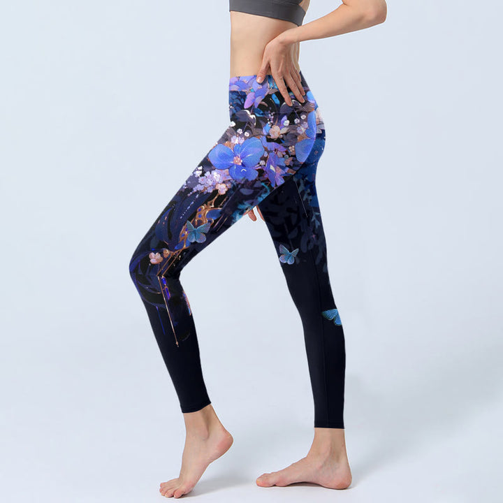 Leggings de sport à imprimé fleurs et papillons violets Buddha Stones pour femmes - image 3