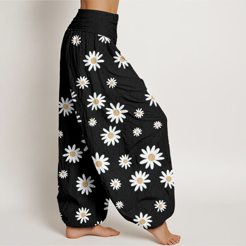 Pantalon sarouel décontracté à taille élastique pour femme avec motif marguerites blanches et Buddha Stones - image 3