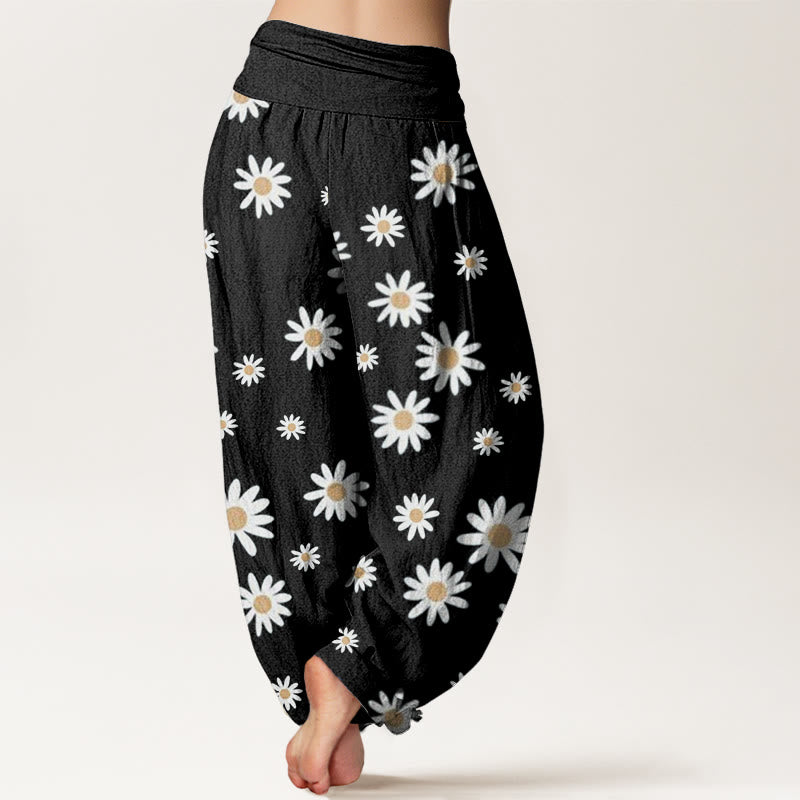 Pantalon sarouel décontracté à taille élastique pour femme avec motif marguerites blanches et Buddha Stones - image 2