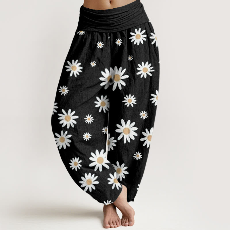 Pantalon sarouel décontracté à taille élastique pour femme avec motif marguerites blanches et Buddha Stones - Noir - US22，UK/AU26，EU54 (6XL) - image 1