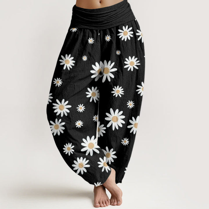 Pantalon sarouel décontracté à taille élastique pour femme avec motif marguerites blanches et Buddha Stones - Noir - US22，UK/AU26，EU54 (6XL) - image 1