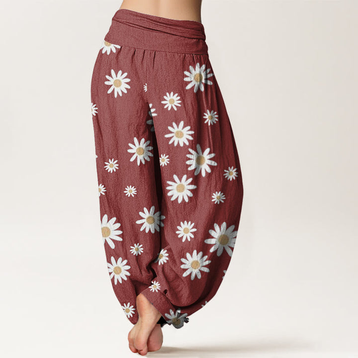 Pantalon sarouel décontracté à taille élastique pour femme avec motif marguerites blanches et Buddha Stones - image 6